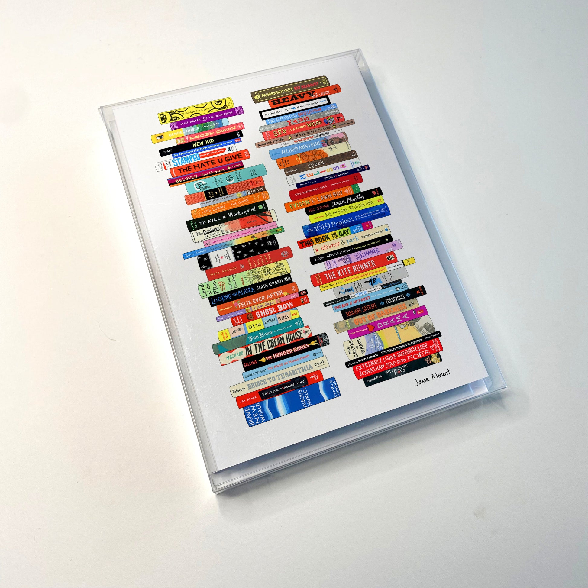 Banned Books Greeting Cards by Jane Mount – a set of illustrated cards featuring a bookshelf of frequently banned books. Perfect for book lovers, literary gifts, and special occasions.