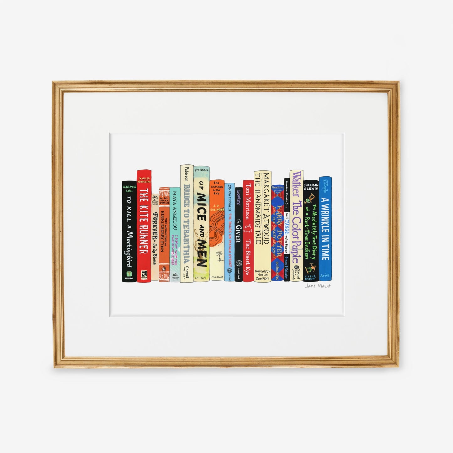 Banned Books print by Jane Mount – an art print featuring a colorful illustrated bookshelf of frequently banned books, including classics like To Kill a Mockingbird and The Adventures of Huckleberry Finn. Museum-quality book lovers' decor.