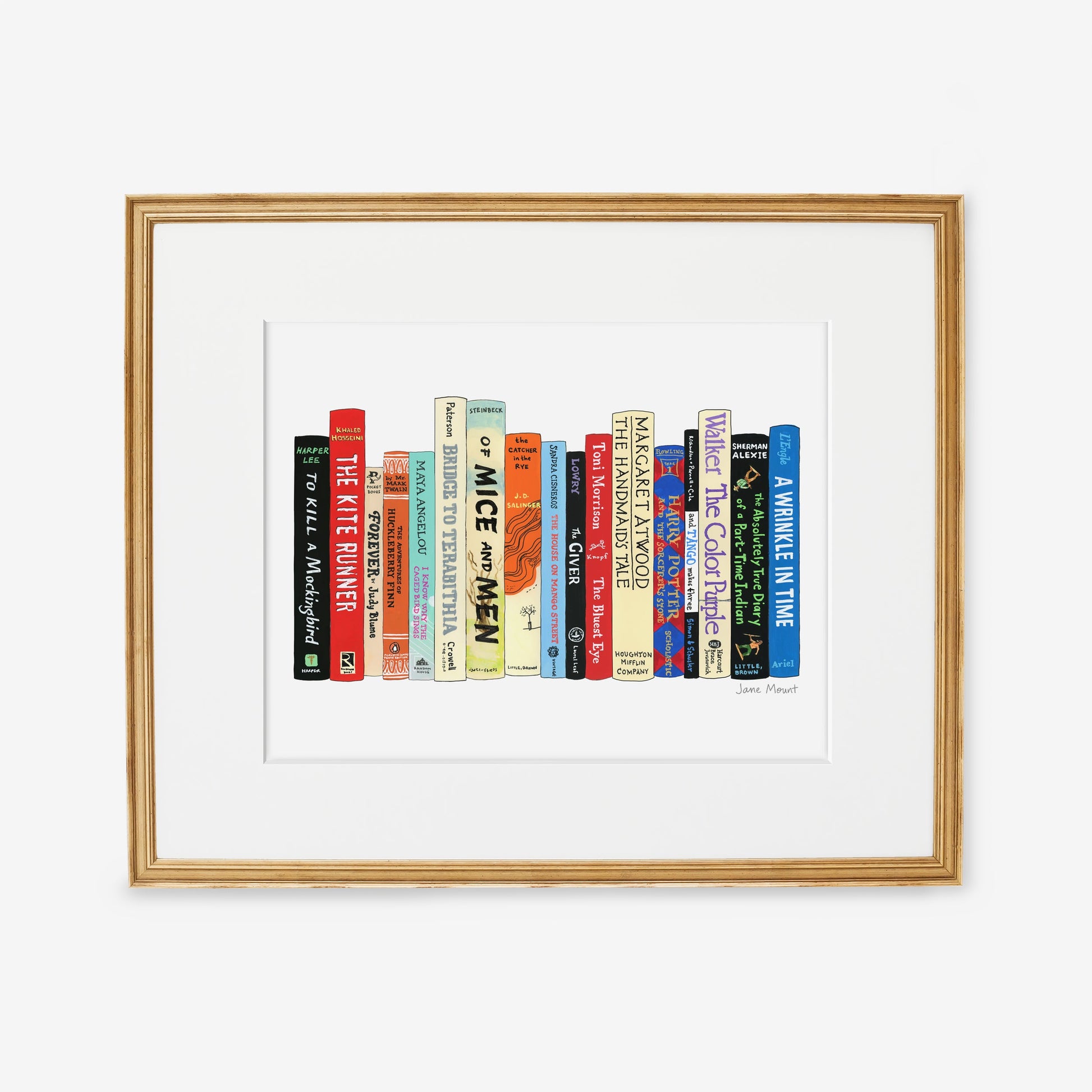 Banned Books print by Jane Mount – an art print featuring a colorful illustrated bookshelf of frequently banned books, including classics like To Kill a Mockingbird and The Adventures of Huckleberry Finn. Museum-quality book lovers' decor.