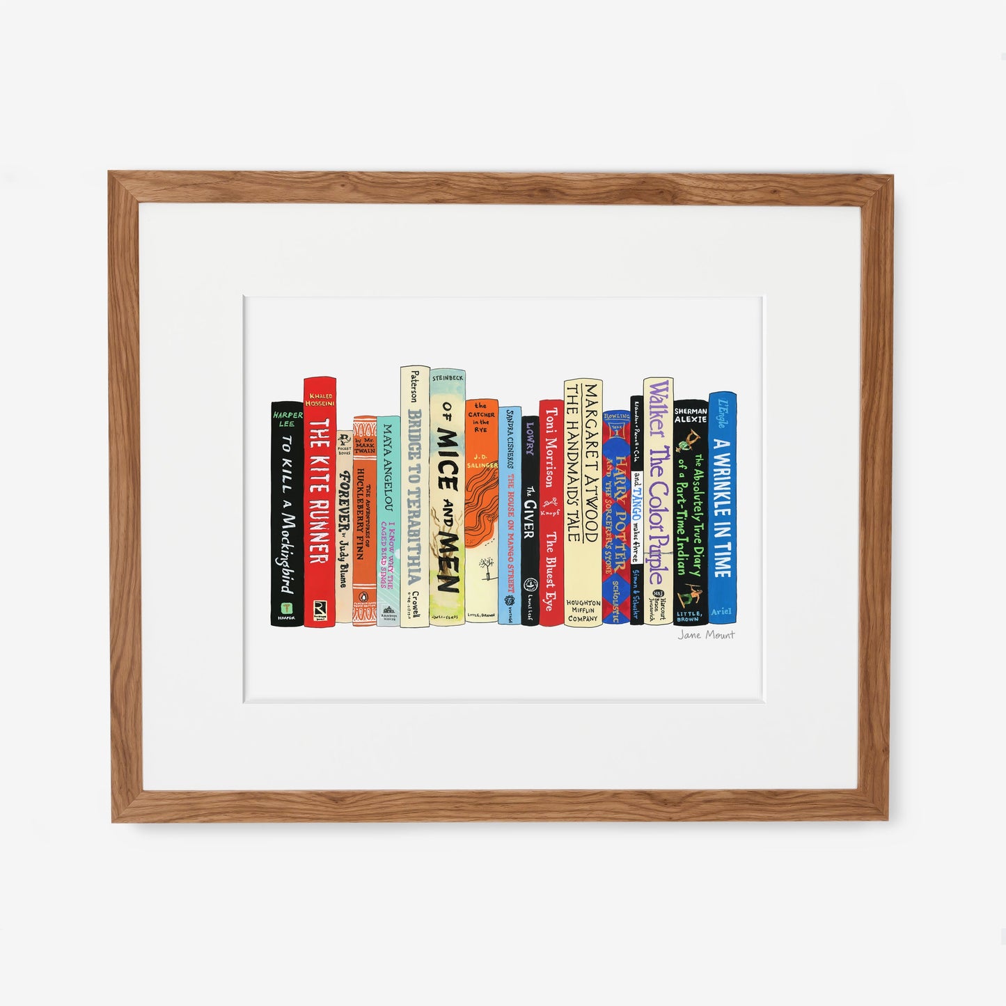 Banned Books print by Jane Mount – an art print featuring a colorful illustrated bookshelf of frequently banned books, including classics like To Kill a Mockingbird and The Adventures of Huckleberry Finn. Museum-quality book lovers' decor.