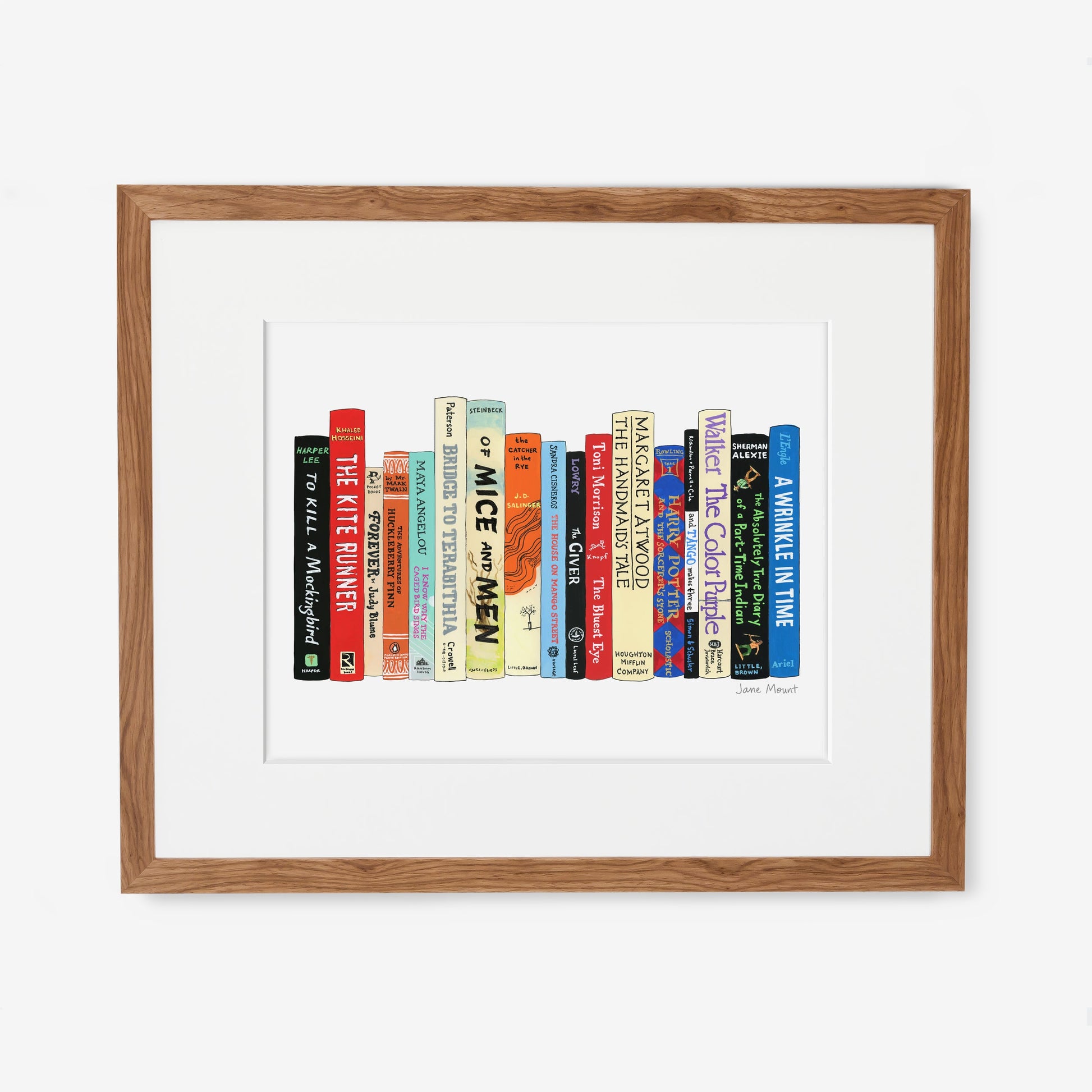 Banned Books print by Jane Mount – an art print featuring a colorful illustrated bookshelf of frequently banned books, including classics like To Kill a Mockingbird and The Adventures of Huckleberry Finn. Museum-quality book lovers' decor.