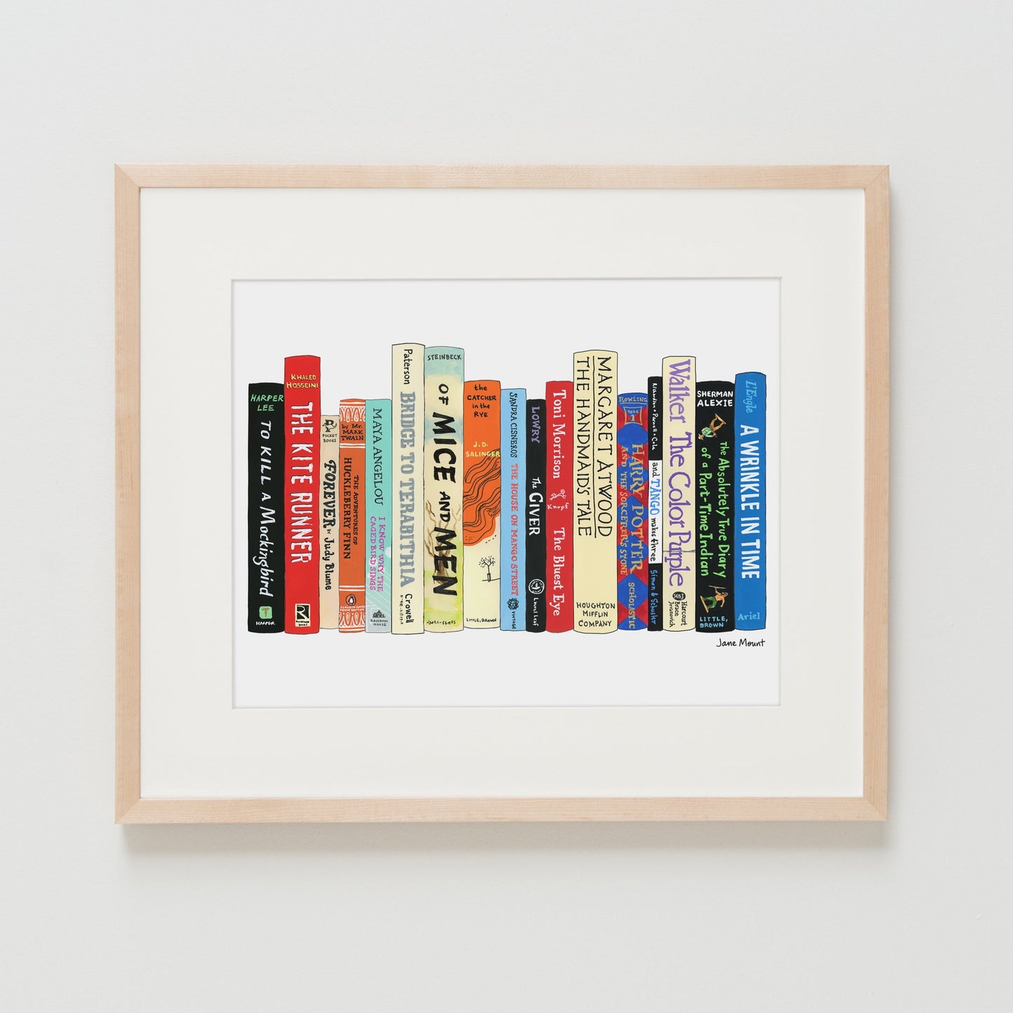 Banned Books print by Jane Mount – an art print featuring a colorful illustrated bookshelf of frequently banned books, including classics like To Kill a Mockingbird and The Adventures of Huckleberry Finn. Museum-quality book lovers' decor.
