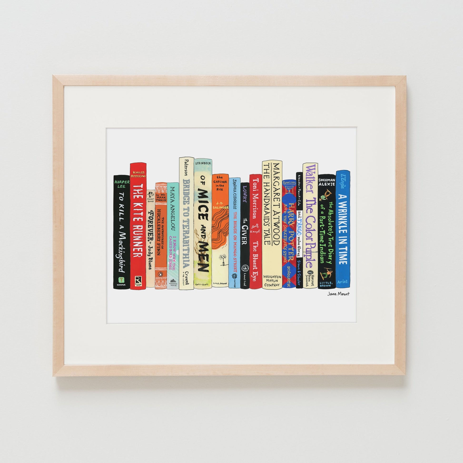 Banned Books print by Jane Mount – an art print featuring a colorful illustrated bookshelf of frequently banned books, including classics like To Kill a Mockingbird and The Adventures of Huckleberry Finn. Museum-quality book lovers' decor.