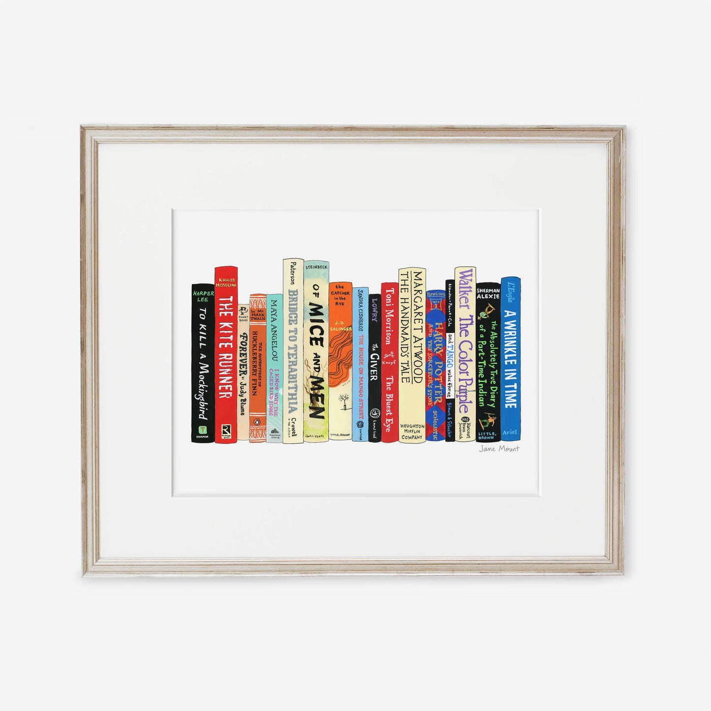 Banned Books print by Jane Mount – an art print featuring a colorful illustrated bookshelf of frequently banned books, including classics like To Kill a Mockingbird and The Adventures of Huckleberry Finn. Museum-quality book lovers' decor.