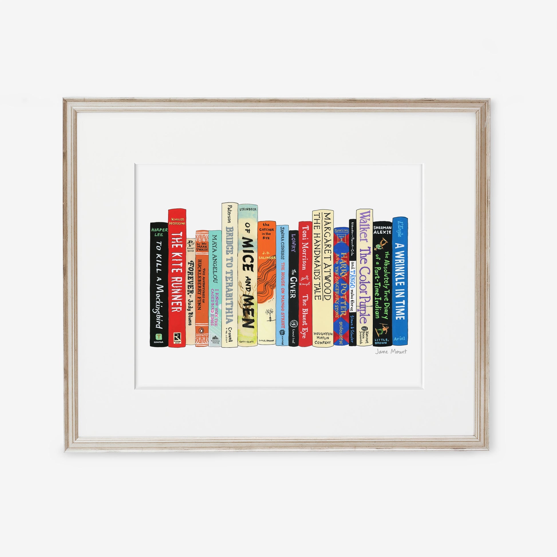 Banned Books print by Jane Mount – an art print featuring a colorful illustrated bookshelf of frequently banned books, including classics like To Kill a Mockingbird and The Adventures of Huckleberry Finn. Museum-quality book lovers' decor.