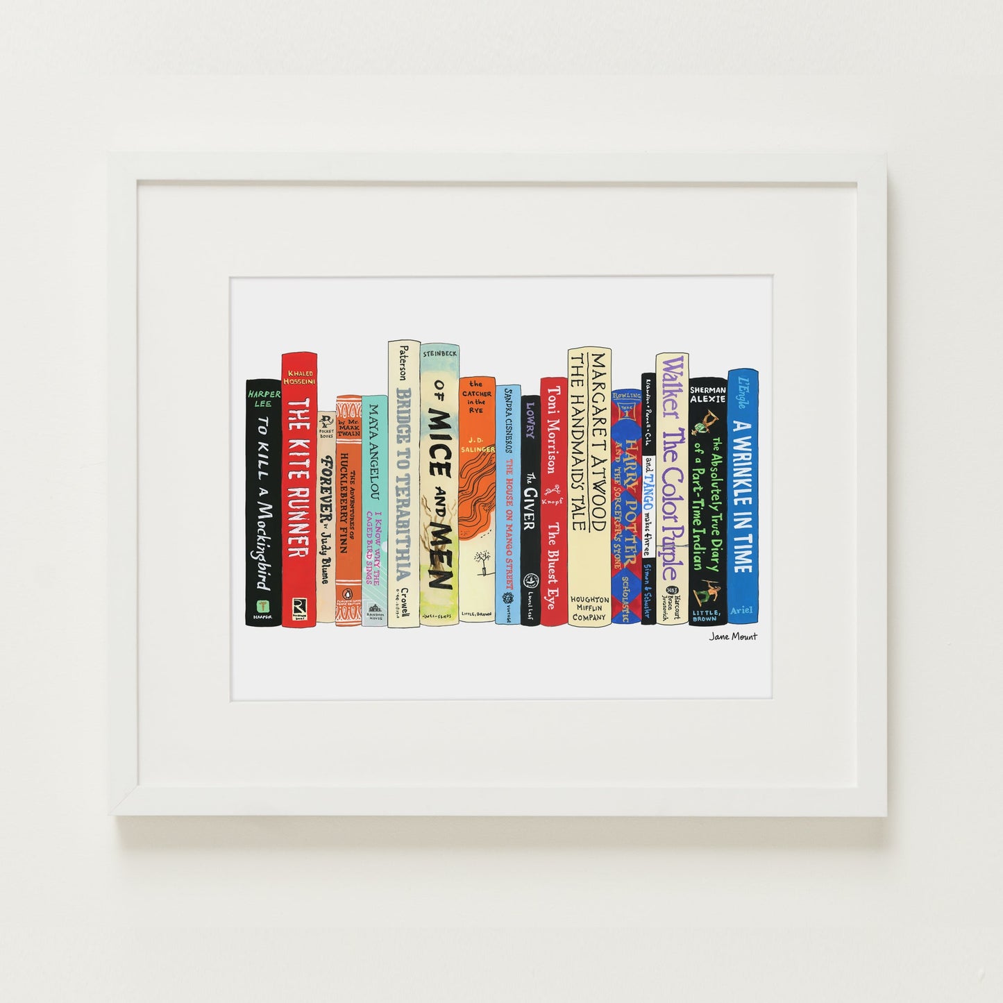 Banned Books print by Jane Mount – an art print featuring a colorful illustrated bookshelf of frequently banned books, including classics like To Kill a Mockingbird and The Adventures of Huckleberry Finn. Museum-quality book lovers' decor.